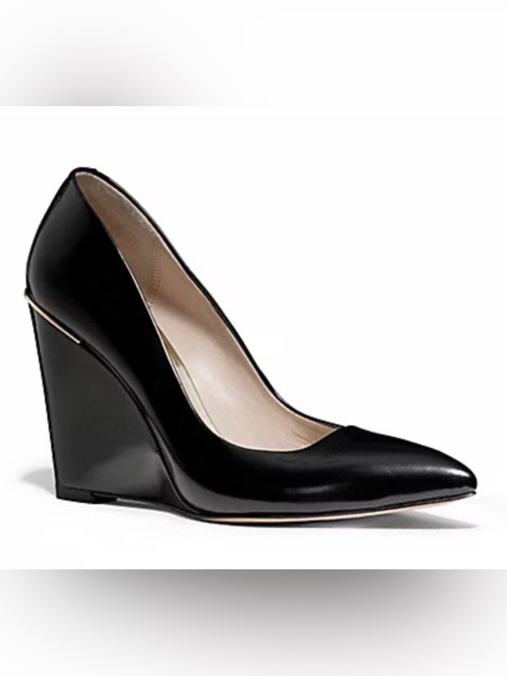 Coach Black Leather Orchard Wedge Pumps Gold Trim Size 9B